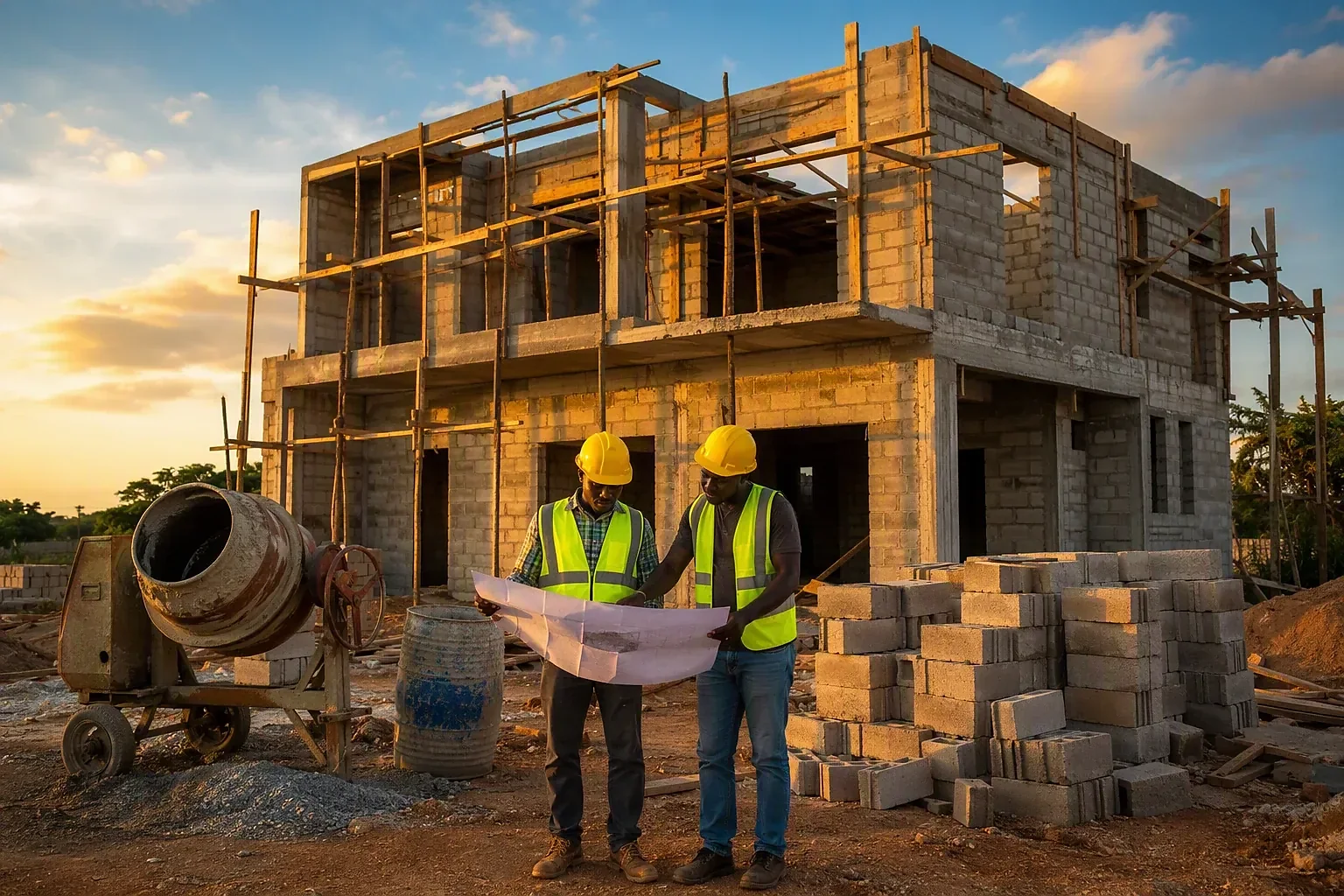 A two-storey house under construction at sunset: blockwork walls, a cast first-floor slab, scaffolding, stacked blocks and a mixer on site.