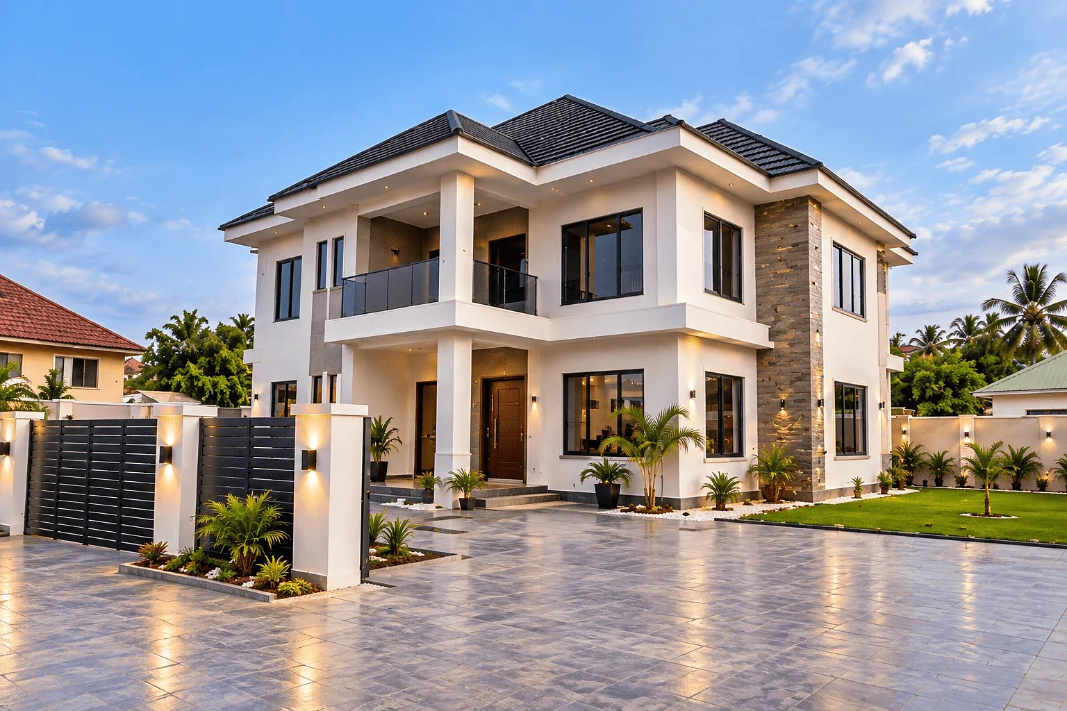 The finished two-storey house at Oyibi: white render, stone-clad column, tiled driveway, planted grounds and a slatted gate.
