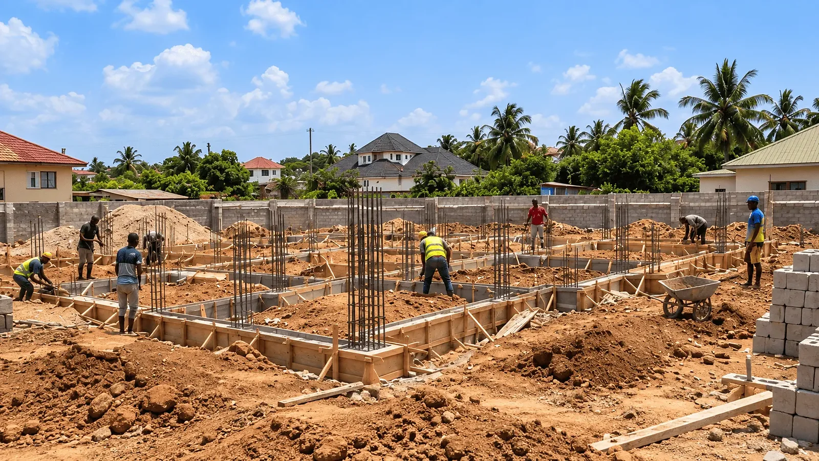 Footings set out and reinforced at the start of the job, with starter bars standing ready for the columns.